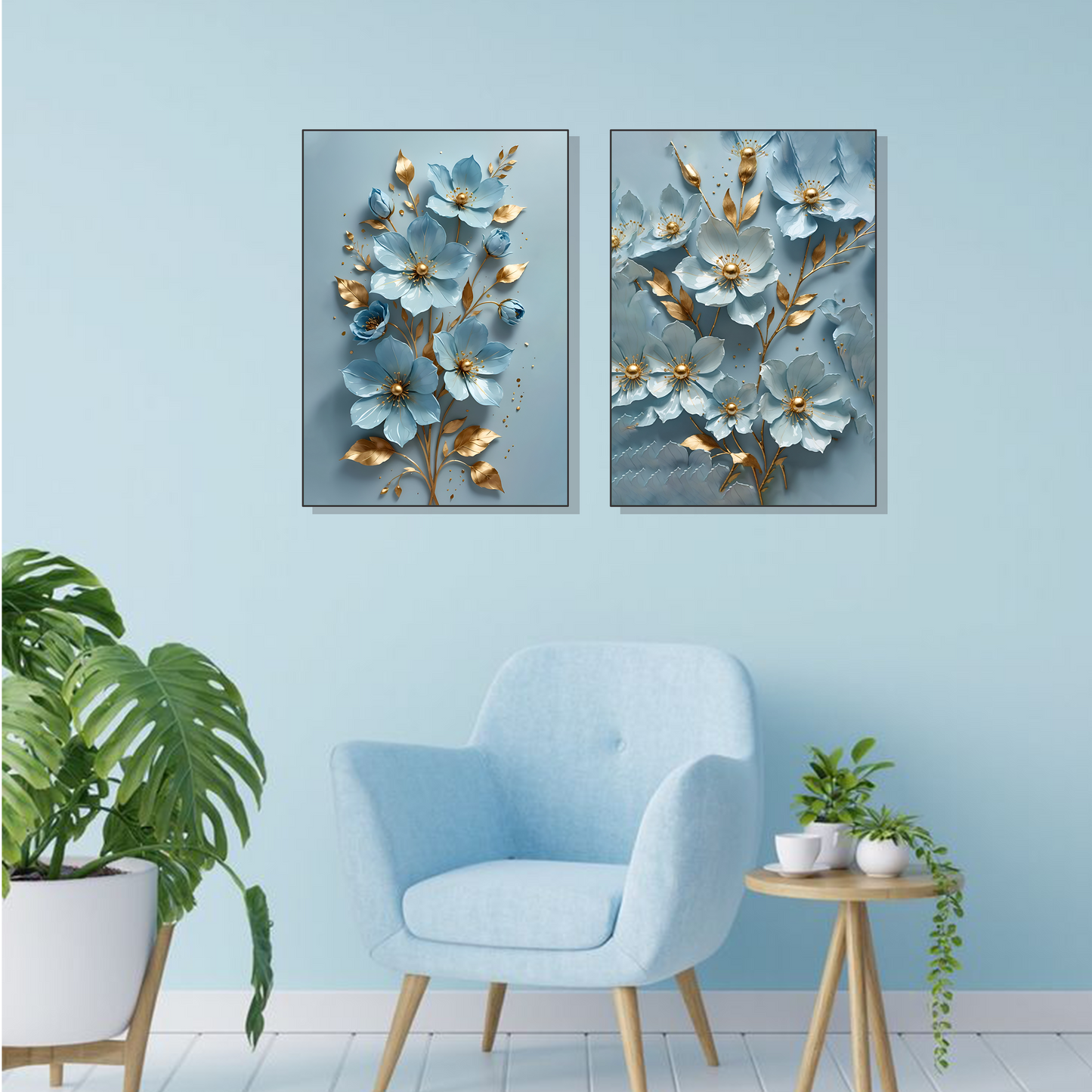 Set of 2 Frames - Golden Blue Blossoms