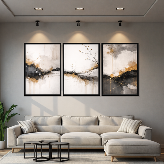 Set of 3 Frames - Golden Mist Abstraction
