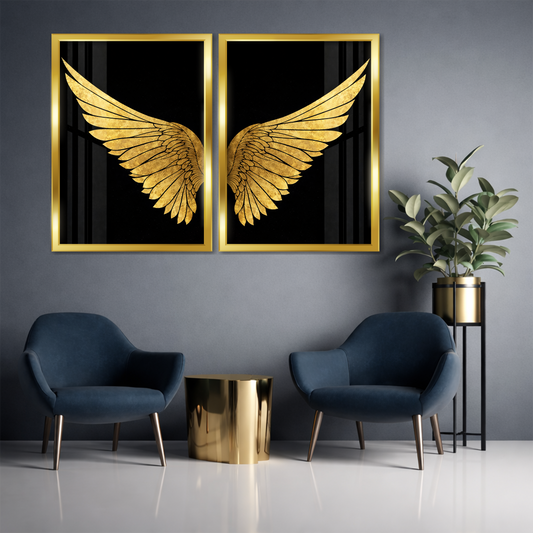 Set of 2 golden angel wings wall frames for luxury home decor