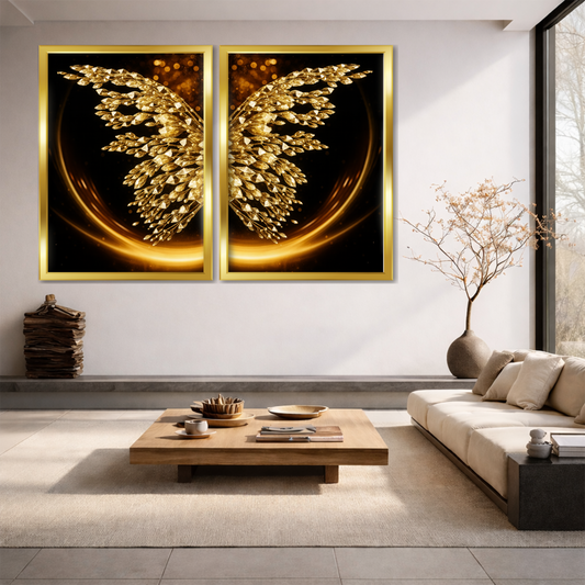 Set of 2 radiant golden wings wall frames for luxury home decor