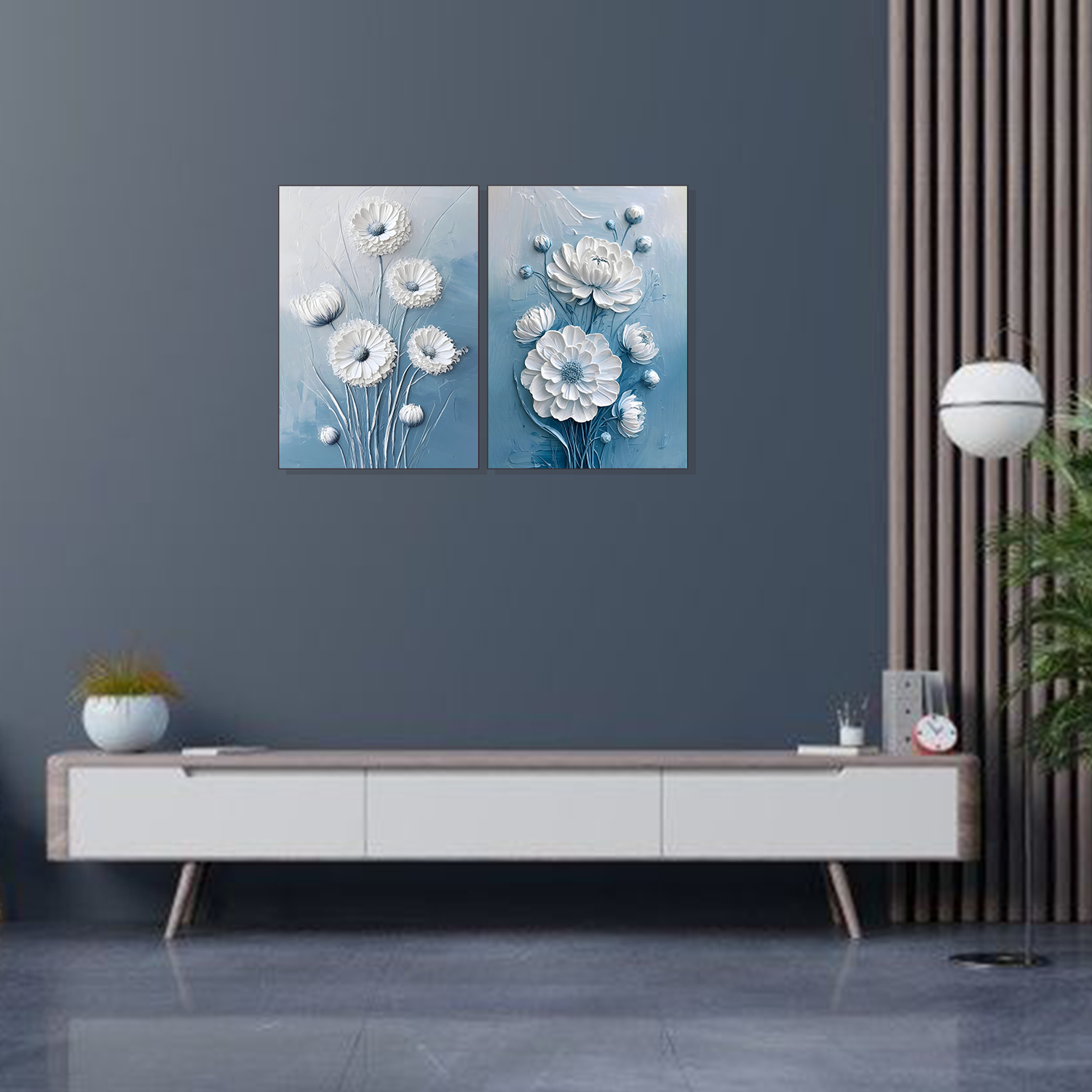 Set of 2 serene blue blossoms wall frames for elegant home decor