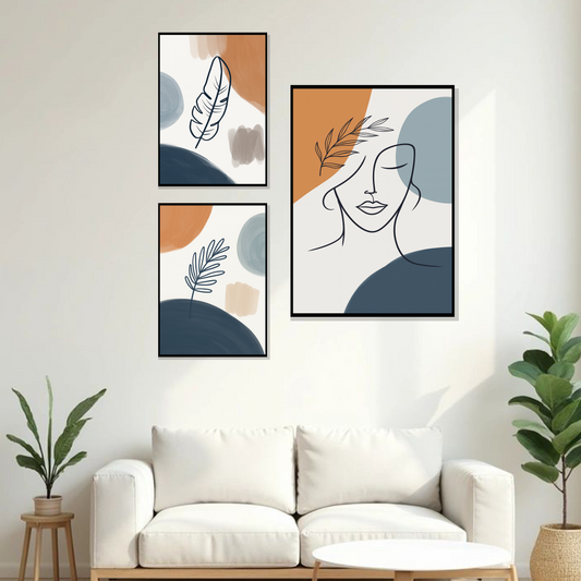 Set of 3 abstract calm portrait wall frames for modern home decor