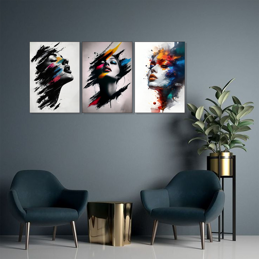 Set of 3 abstract colour faces wall frames for modern home decor