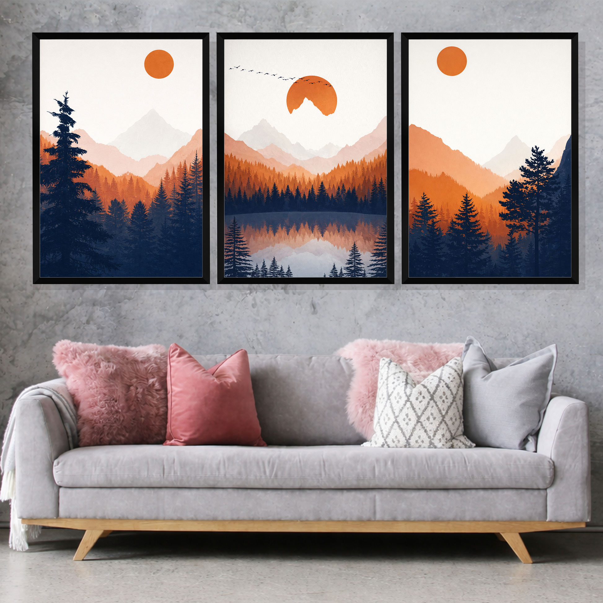 Set of 3 autumn mountain reflections wall frames for home decor