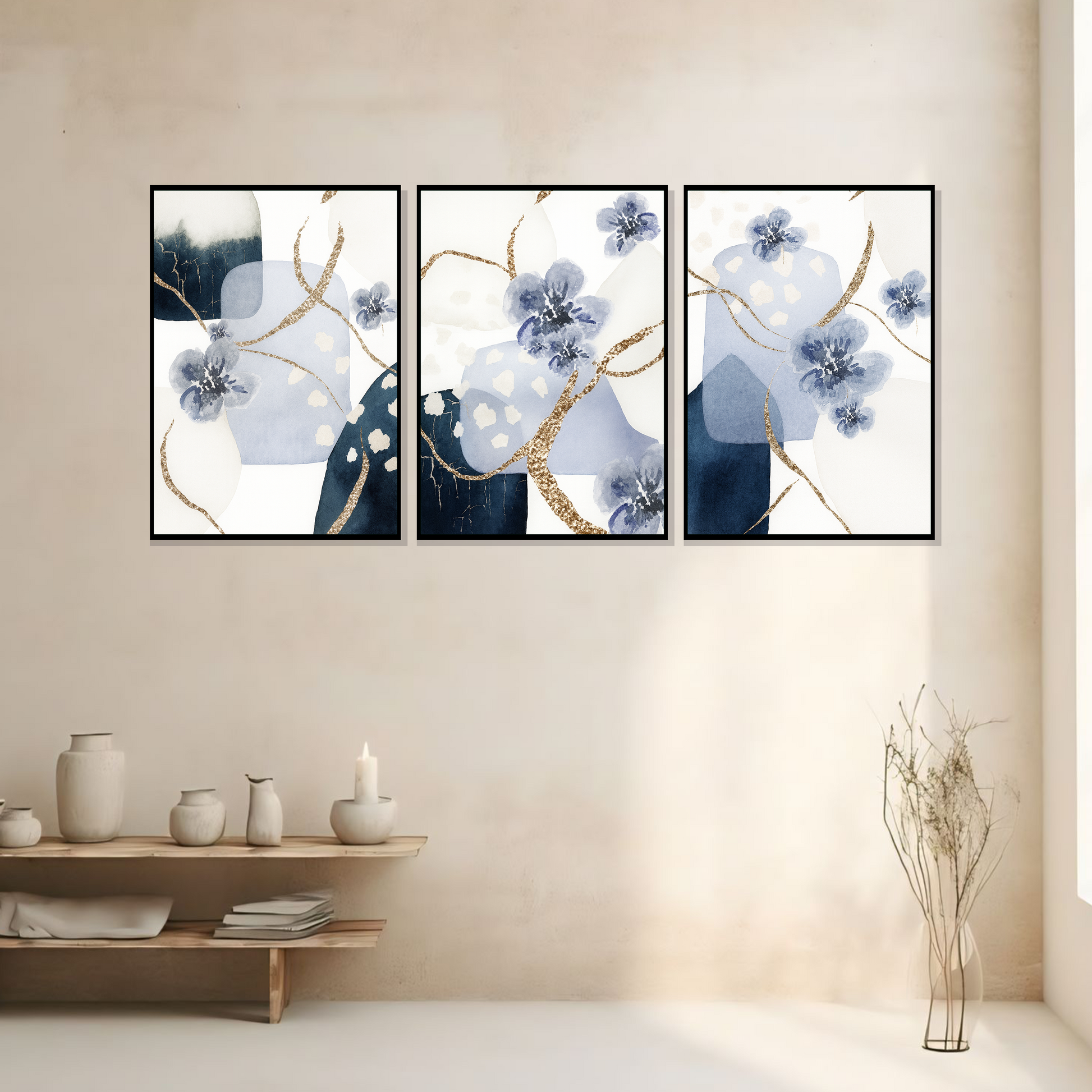 Set of 3 azure floral elegance wall frames for modern home decor