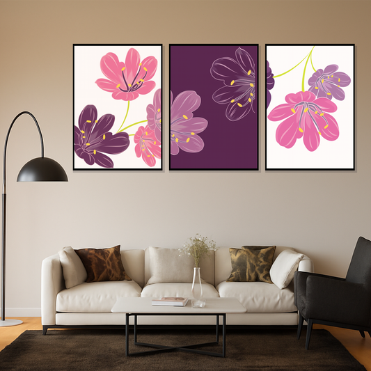 Set of 3 blush plum blossoms wall frames for home decor