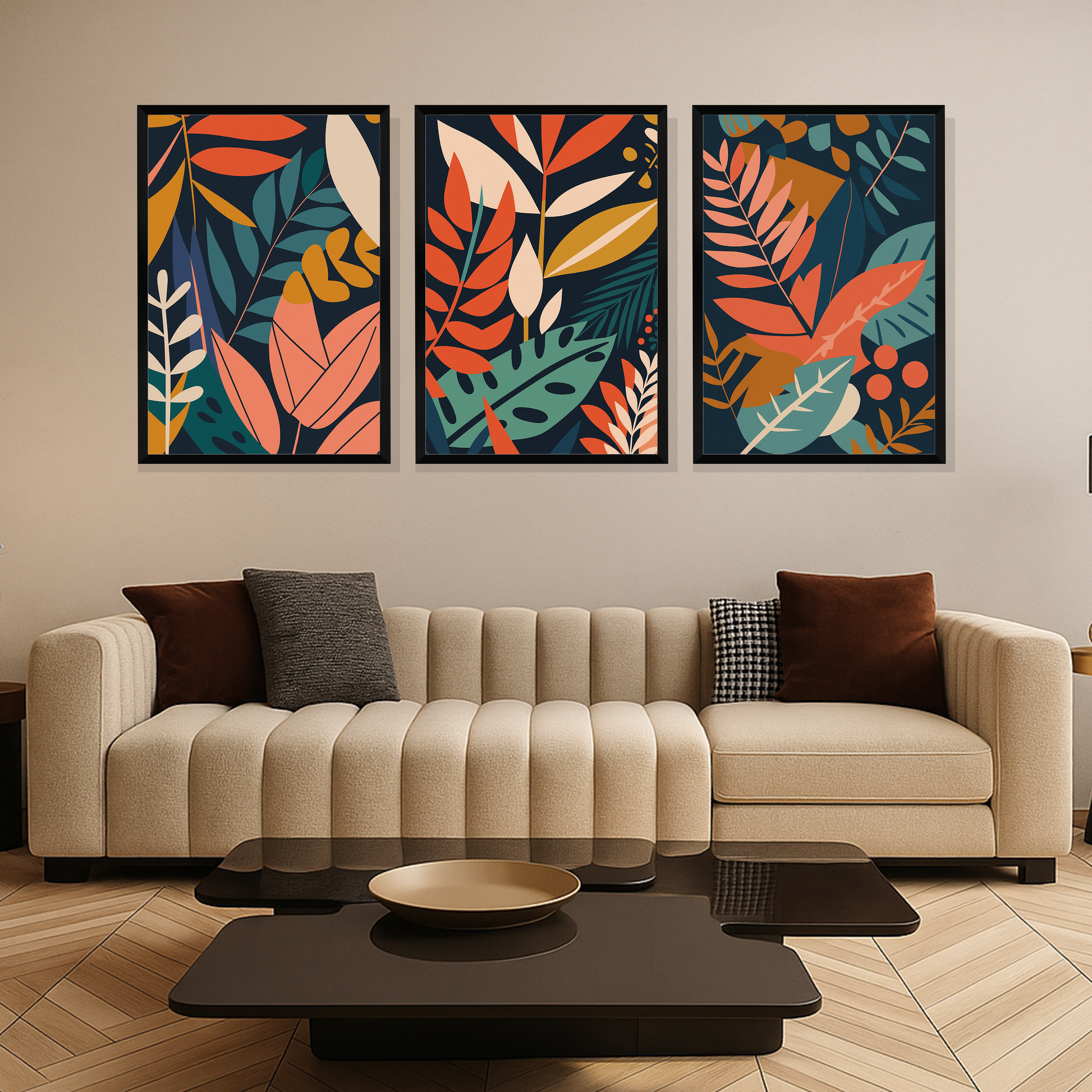 Set of 3 bold botanical trio wall frames for modern home decor