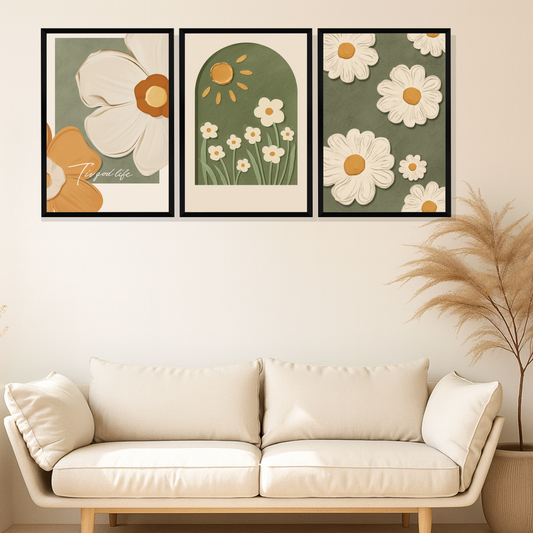Set of 3 earthy floral harmony wall frames for natural home decor