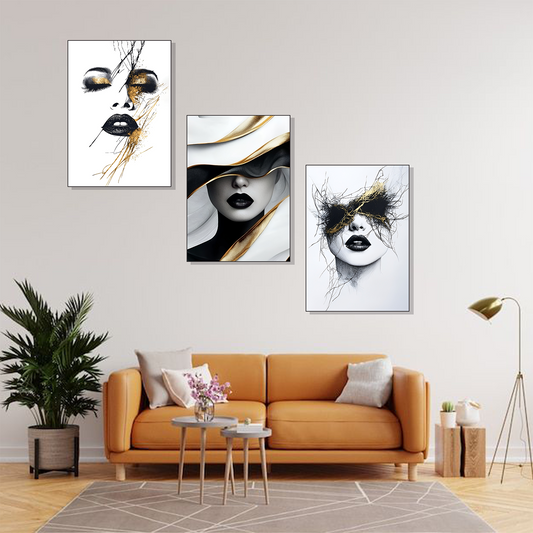 Set of 3 golden abstract faces wall frames for modern home decor