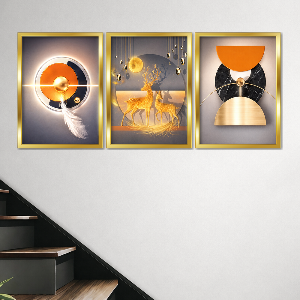 Set of 3 golden abstract harmony wall frames for modern home decor