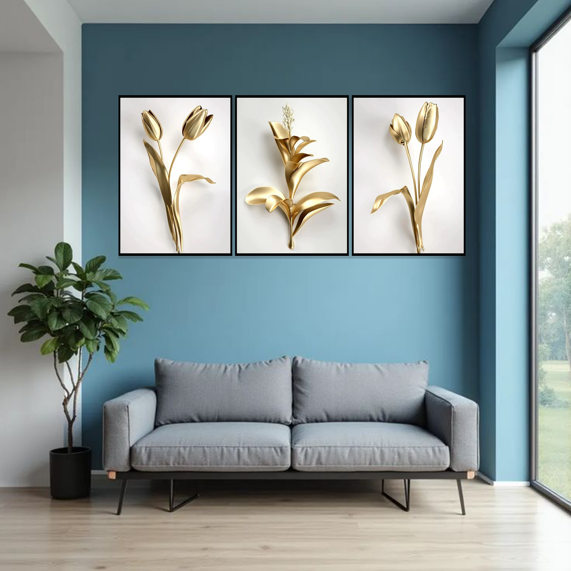 Set of 3 golden bloom elegance wall frames for luxury home decor