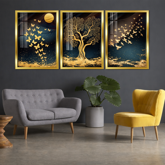 Set of 3 golden butterfly tree wall frames for luxury home decor