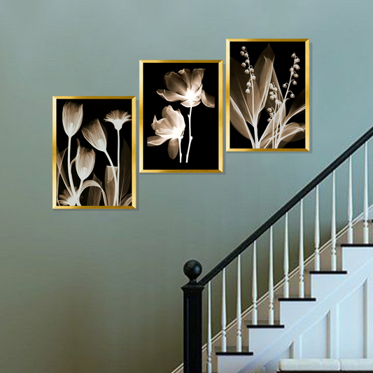 Set of 3 golden floral elegance wall frames for luxury home decor