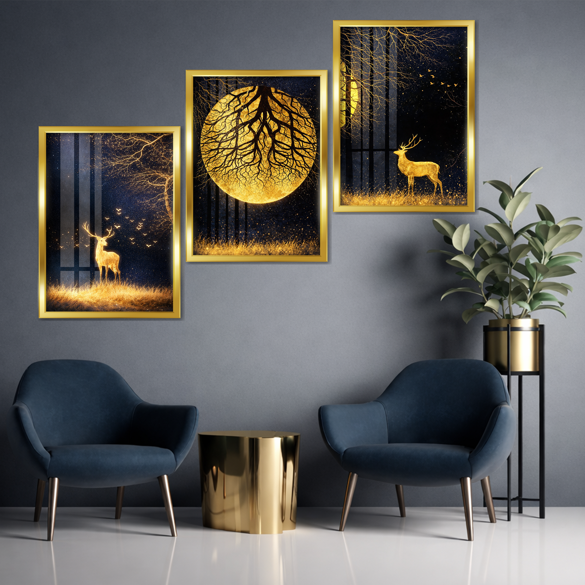 Set of 3 golden forest majesty wall frames for elegant home decor