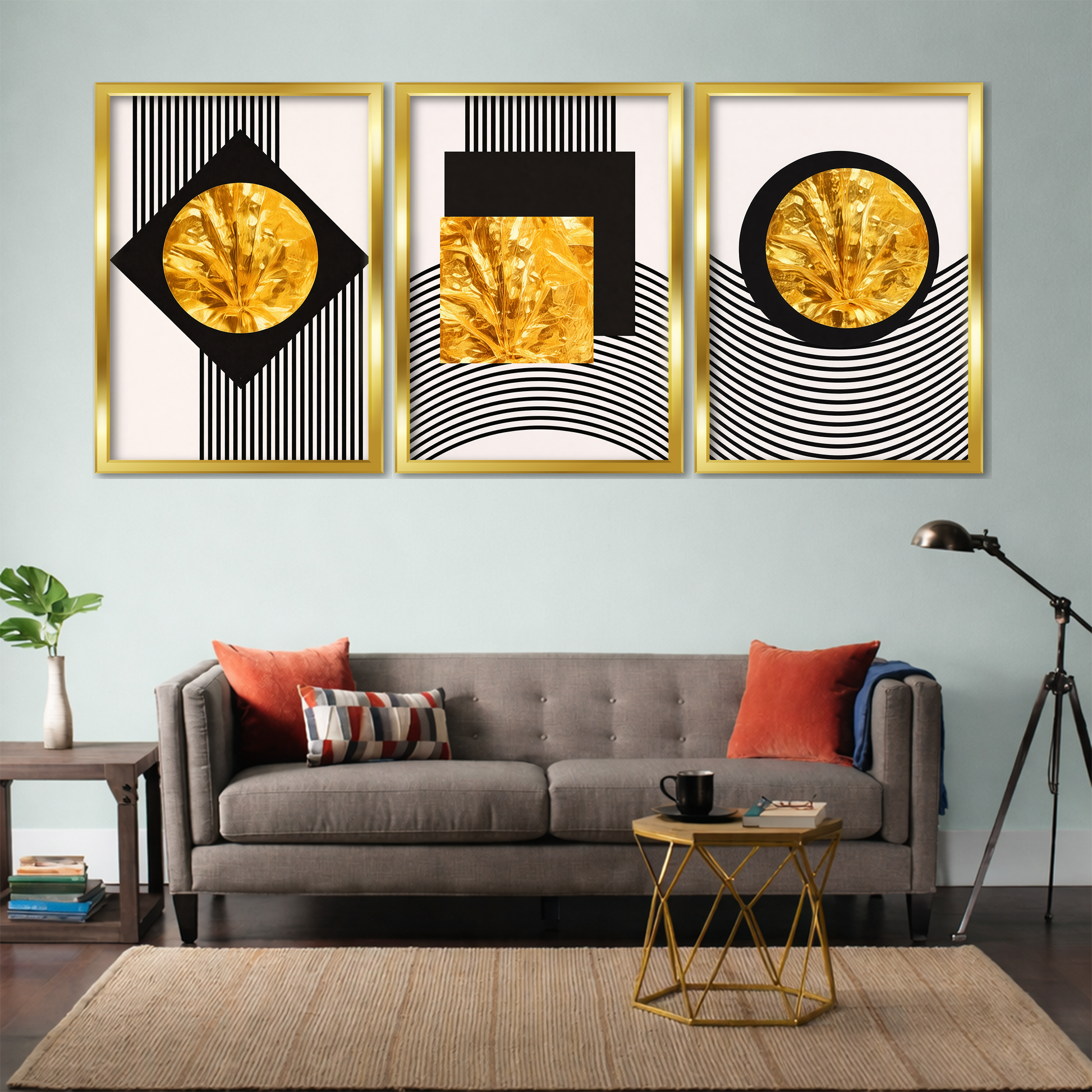 Set of 3 golden line luxe wall frames for modern home decor