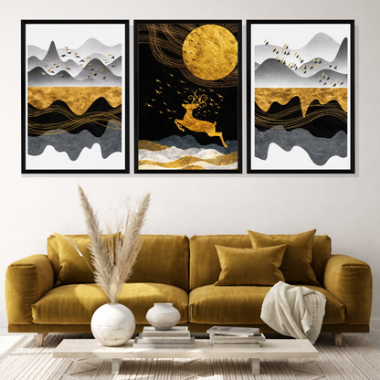 Set of 3 golden lunar journey wall frames for modern home decor