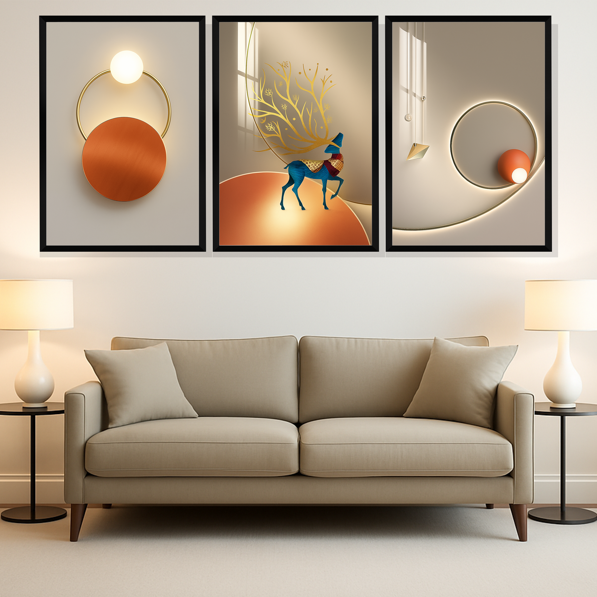 Set of 3 golden modern harmony wall frames for contemporary home decor