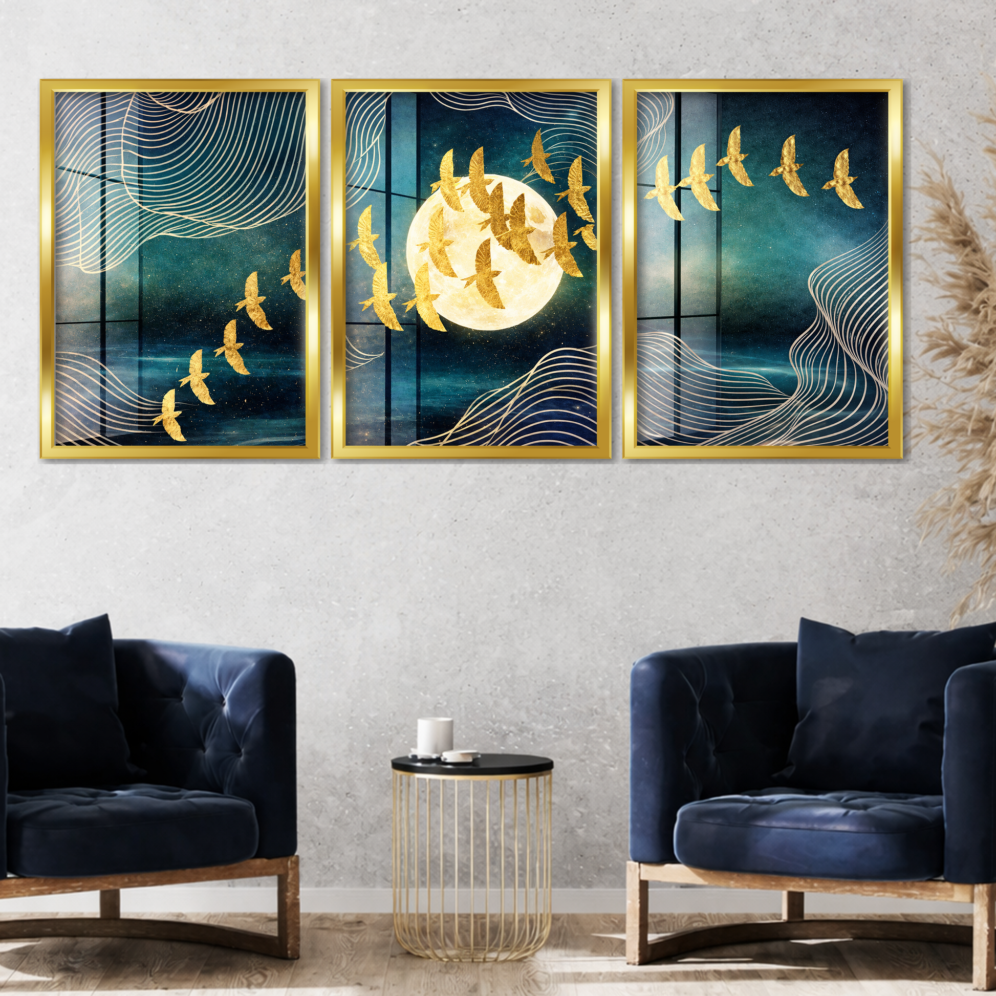 Set of 3 golden moon flight wall frames for modern home decor
