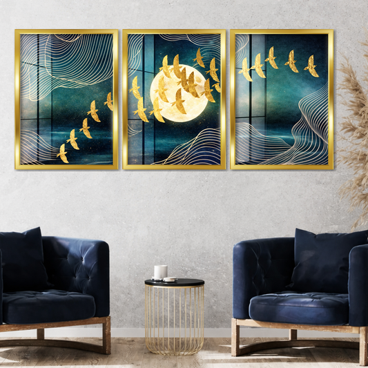 Set of 3 golden moon flight wall frames for modern home decor
