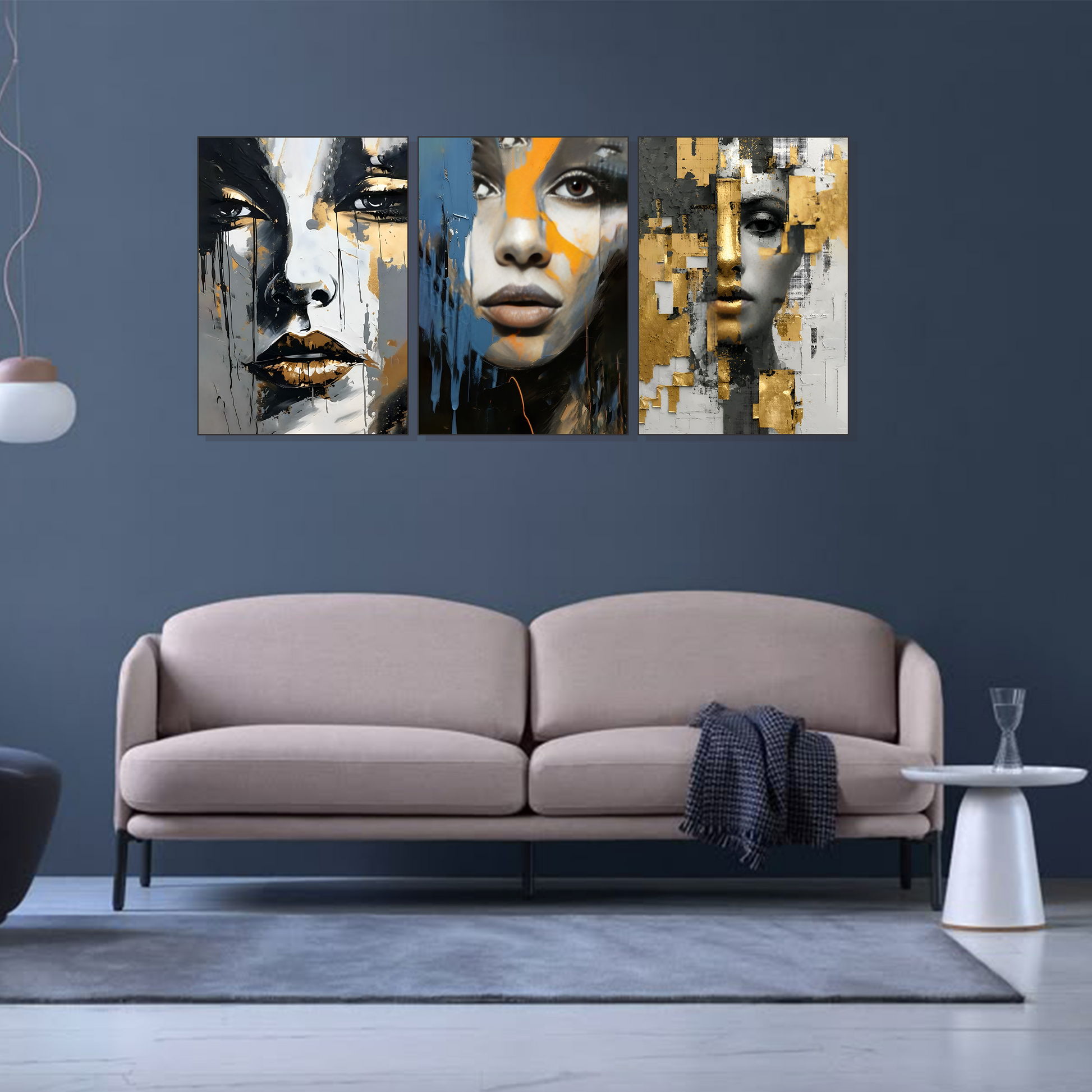 Set of 3 golden noir faces wall frames for modern home decor