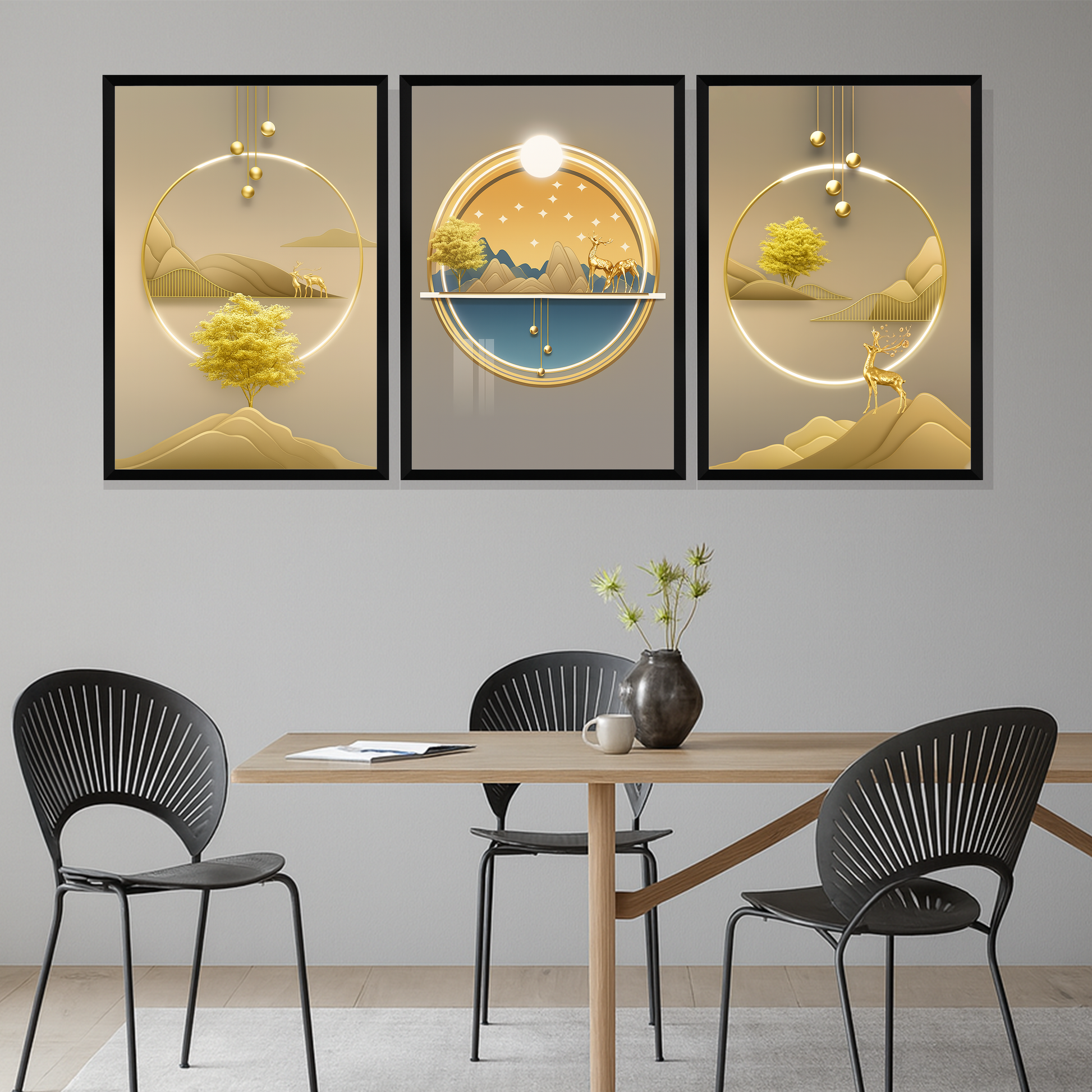 Set of 3 golden serenity horizons wall frames for modern home decor