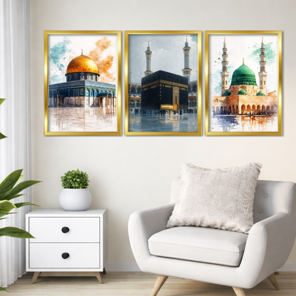 Set of 3 holy Islamic trio wall frames for spiritual home decor