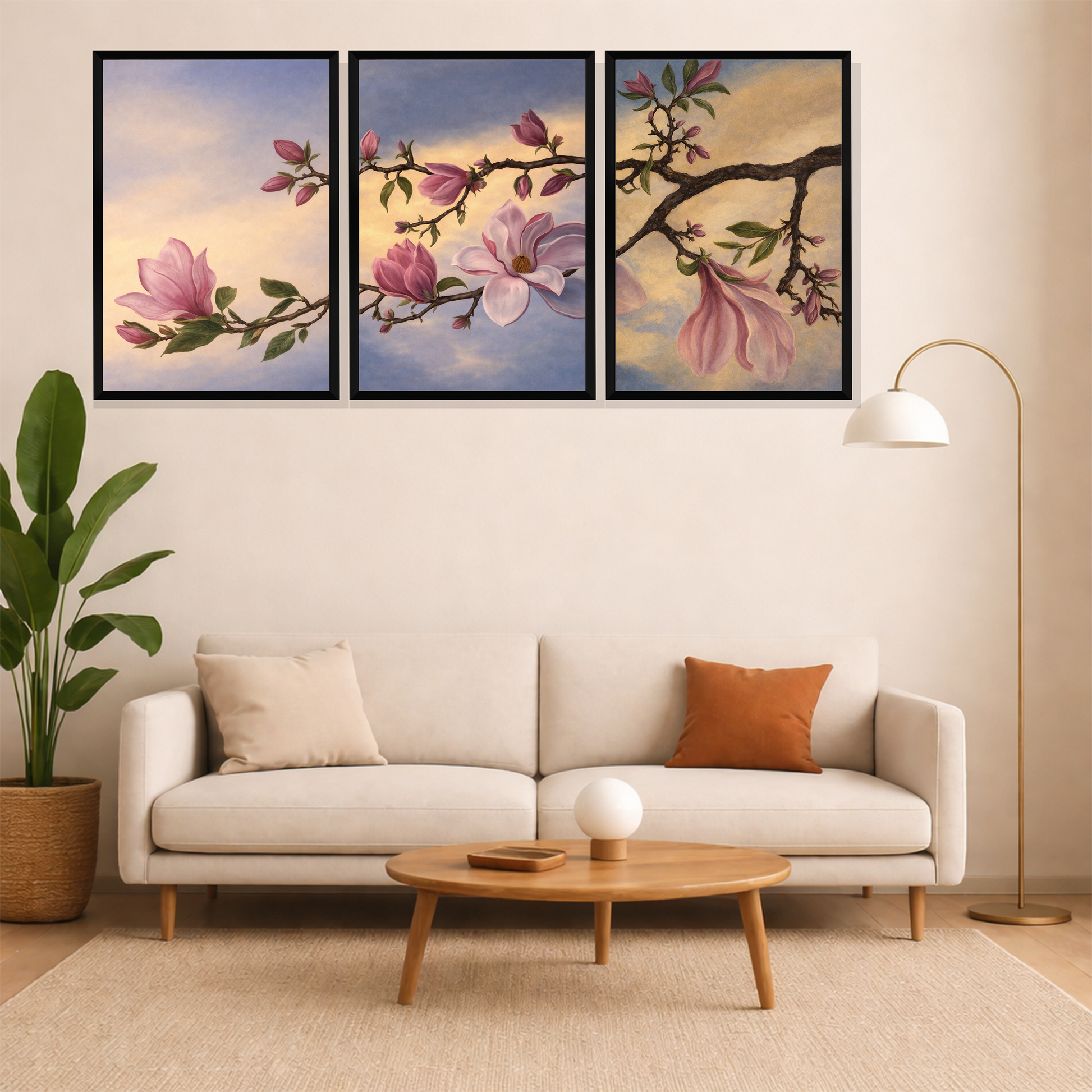Set of 3 magnolia blossom harmony wall frames for elegant home decor