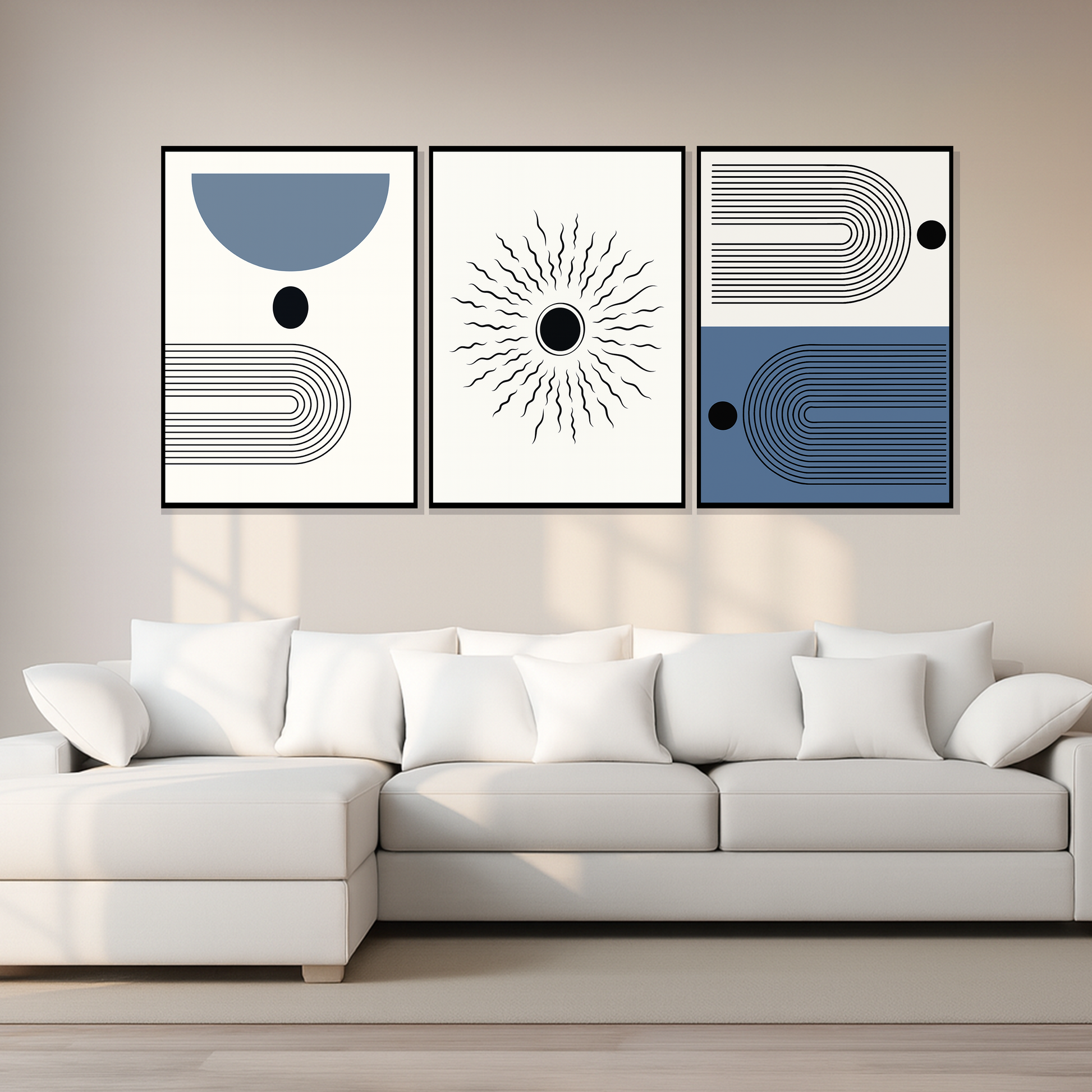 Set of 3 - Minimal Blue Geometry Wall Frames