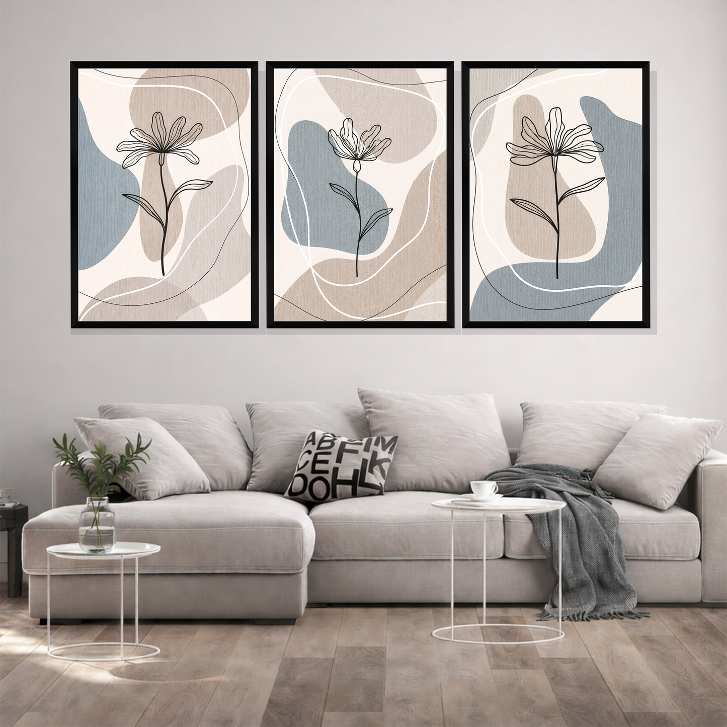 Set of 3 minimal floral flow wall frames for modern home decor