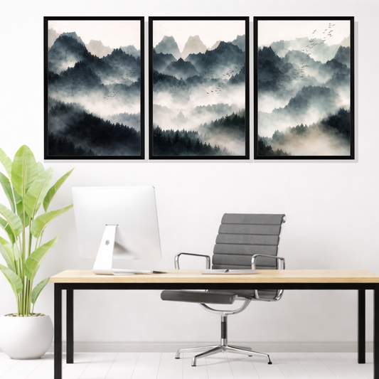 Set of 3 misty mountain silence wall frames for serene home decor