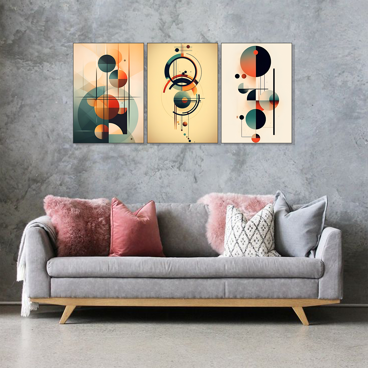 Set of 3 modern abstract geometry wall frames for contemporary home decor