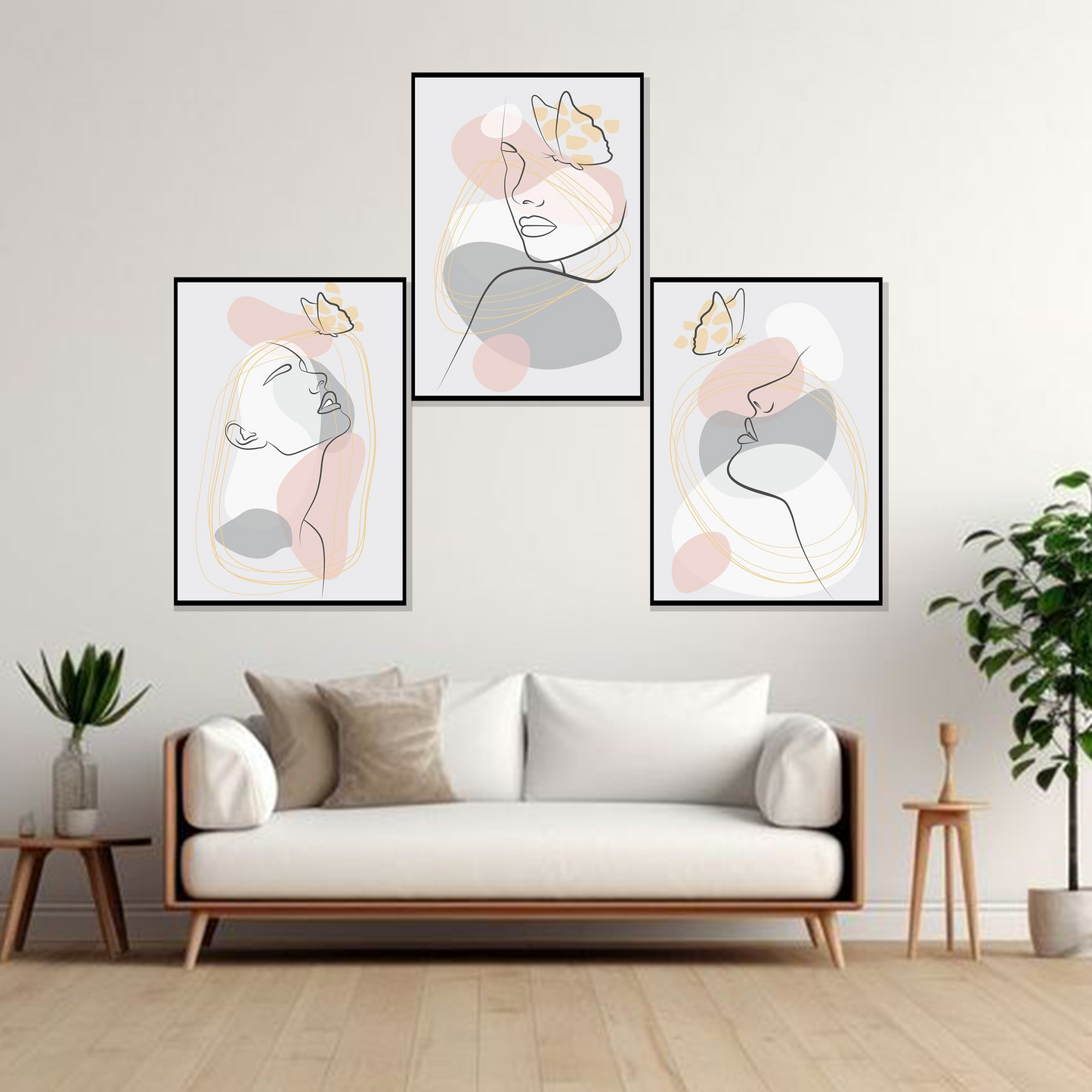 Set of 3 pastel abstract faces wall frames for modern home decor