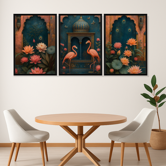 Set of 3 royal lotus courtyard wall frames for elegant home decor
