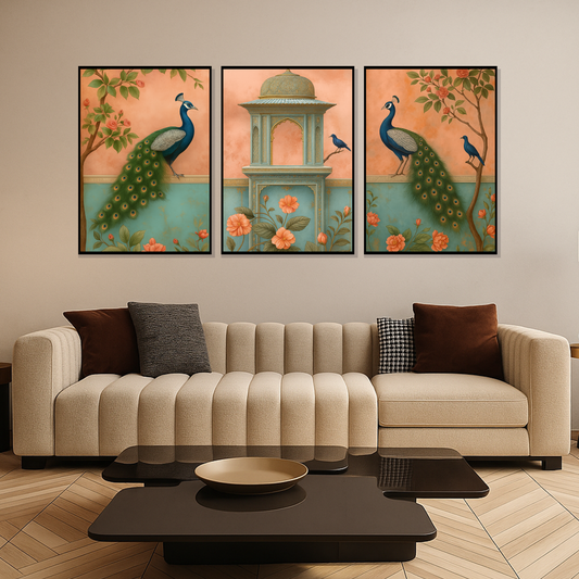Set of 3 royal peacock garden wall frames for luxury home decor