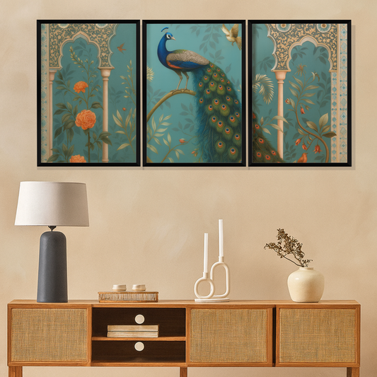 Set of 3 royal peacock garden wall frames for luxury home decor