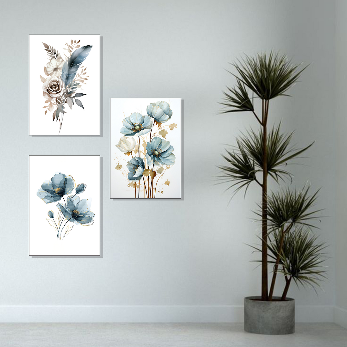 Set of 3 soft floral elegance wall frames for elegant home decor