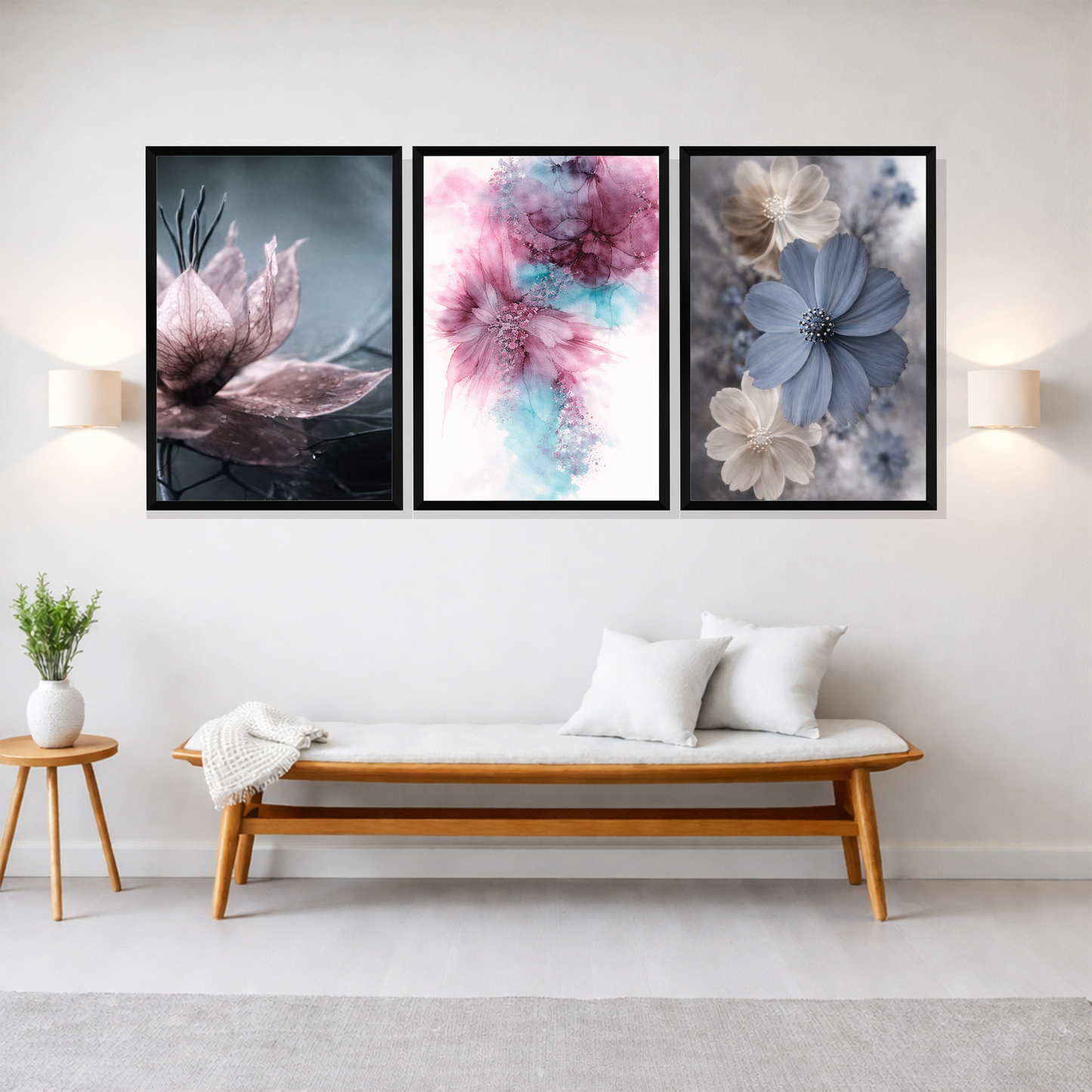 Set of 3 soft floral serenity wall frames for elegant home decor