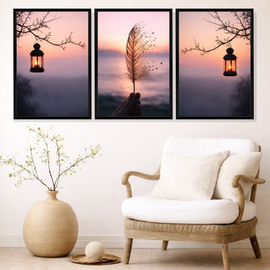 Set of 3 twilight feather serenity wall frames for elegant home decor