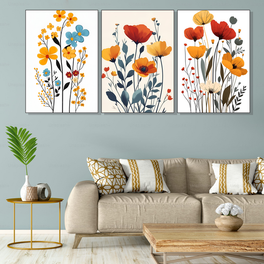 Set of 3 vibrant floral harmony wall frames for colorful home decor