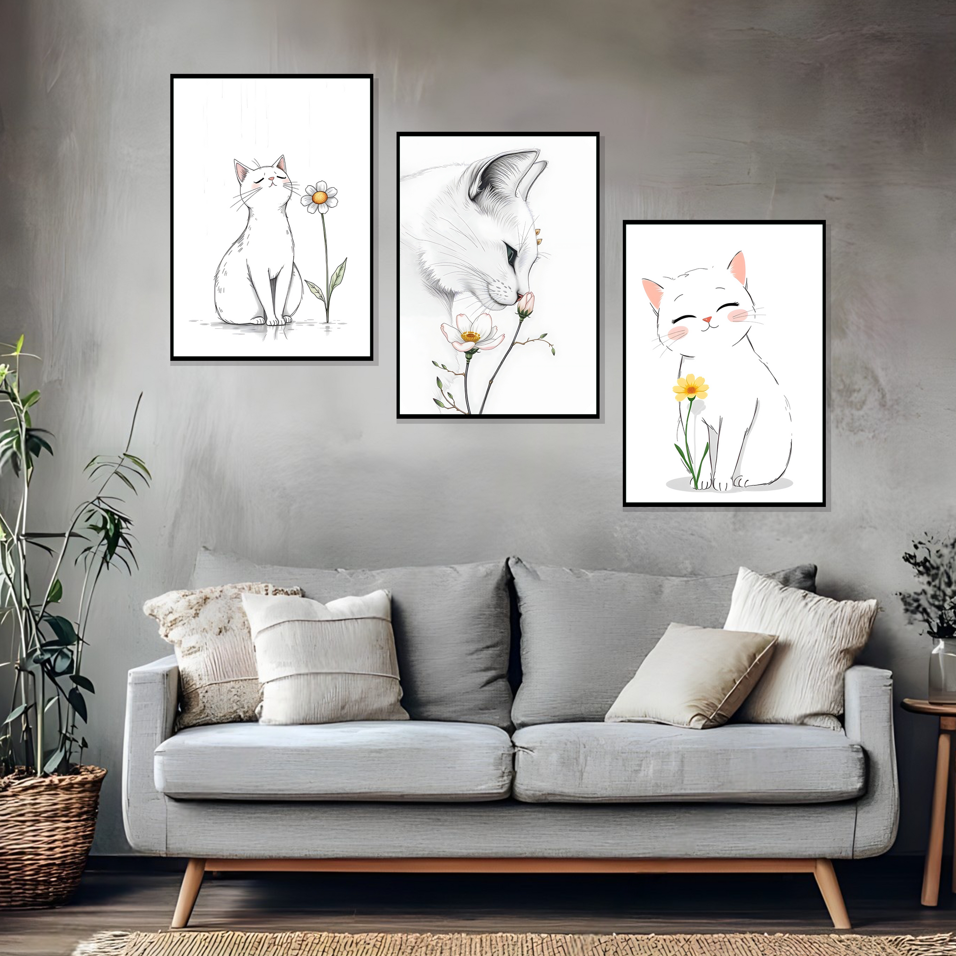 Set of 3 whimsical kitty garden wall frames for kids room decor