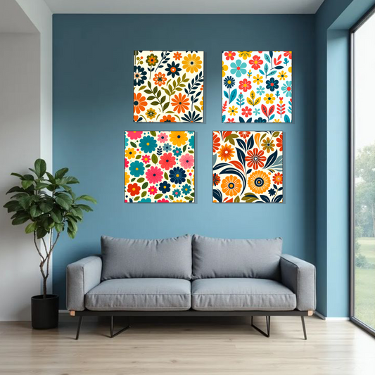 Set of 4 cheerful flower wall frames for bright home decor