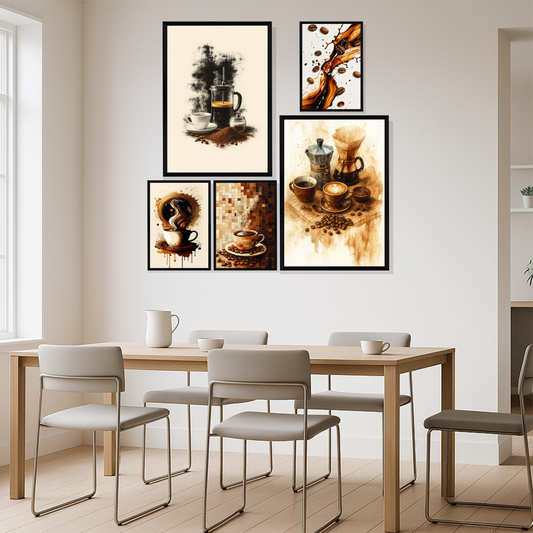 Set of 5 artisan coffee moments wall frames for cafe and kitchen decor