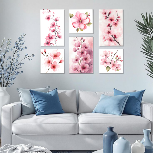 Set of 6 cherry blossom harmony wall frames for elegant home decor