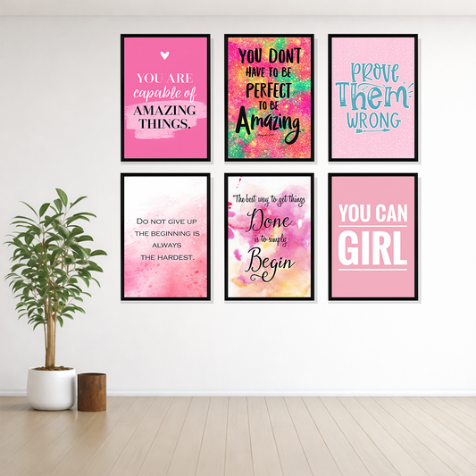 Set of 6 motivational pink acrylic wall frames featuring elegant quote typography, modern minimalist design,