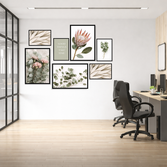 Set of 7 botanical office gallery wall frames for workspace decor