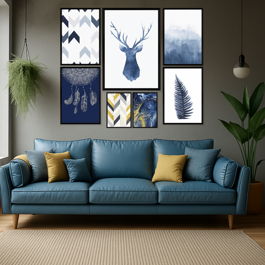 Set of 7 indigo nature gallery wall frames for modern home decor