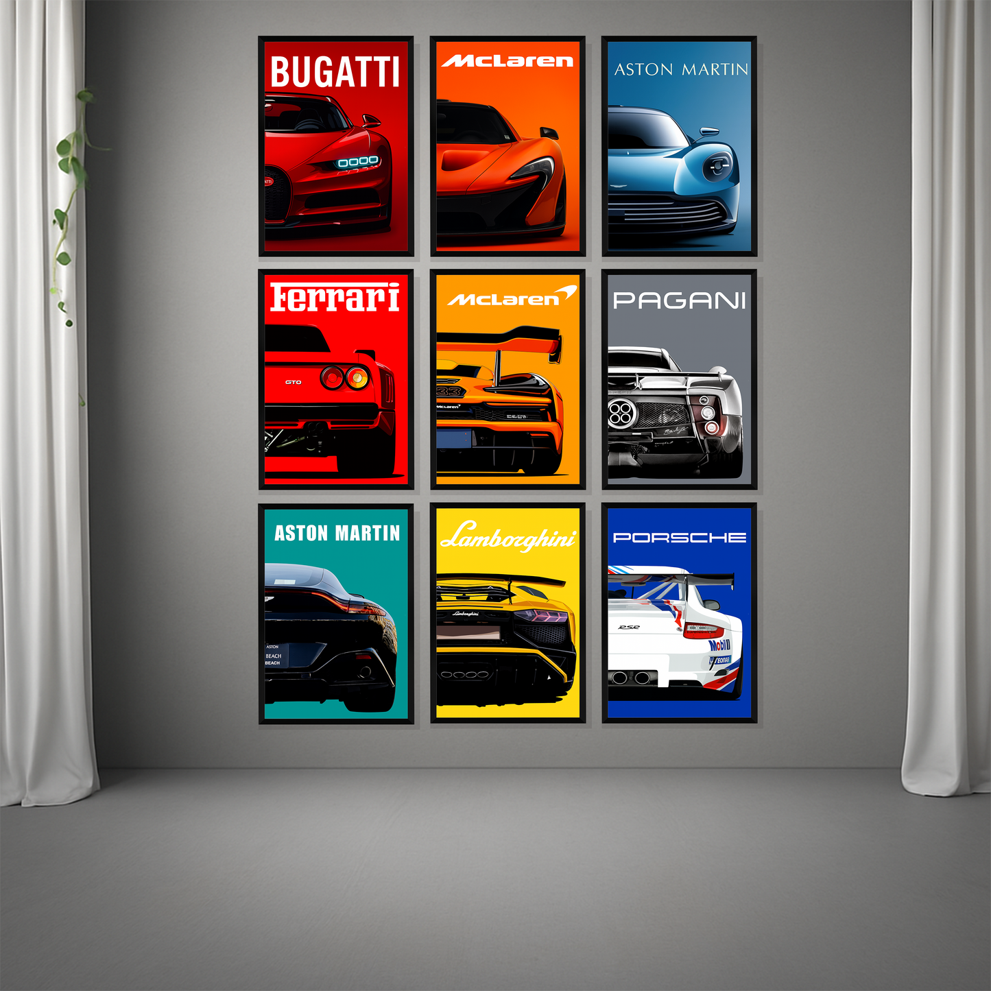 Set of 9 luxury supercar gallery wall frames for modern home decor