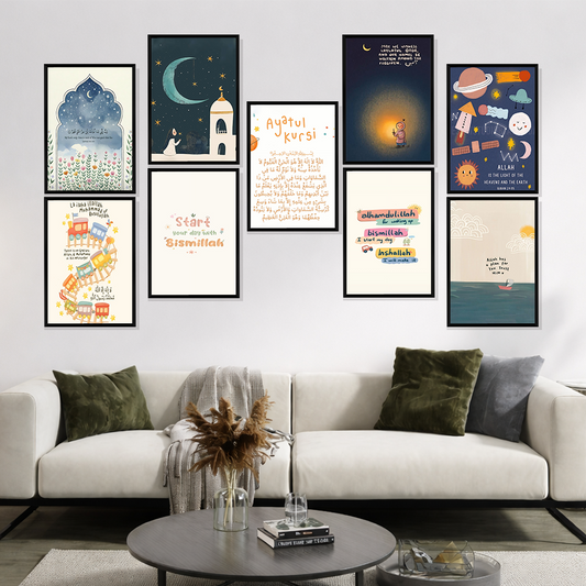 Set of 9 kids Islamic acrylic wall frames featuring colorful designs